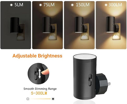 TSEXES 4 Pack LED Night Light Plug in, Dusk to Dawn Sensor,5-300LM Adjustable Brightness, Soft White 3000K,Dimmable Night Lights for Kitchen,Hallway Bedroom,Stairs