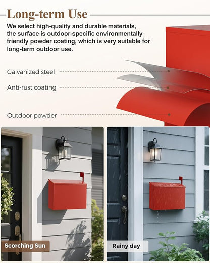 Wall-Mount Mailbox for Outside, Large Capacity Rust-Proof Mail Box with Stay-Open Lid & Red Flag Kit, Galvanized Steel Weather-Resistant Post Box for House Outside, 10.5"x4.3"x14.2", Red