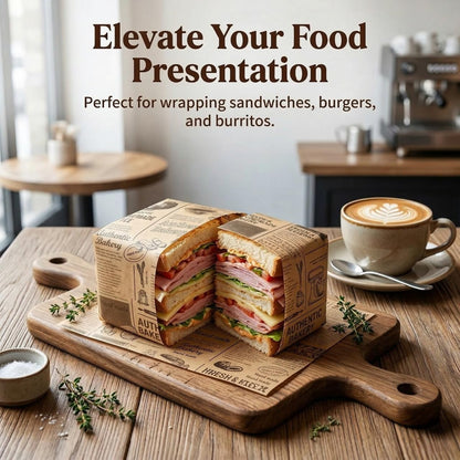 100Pcs Newspaper Sandwich Wrapping Paper Sheets, 10''x10'' Printed Parchment Deli Food Wrap, Non-Stick Greaseproof Basket Liners Wax Baking Linings