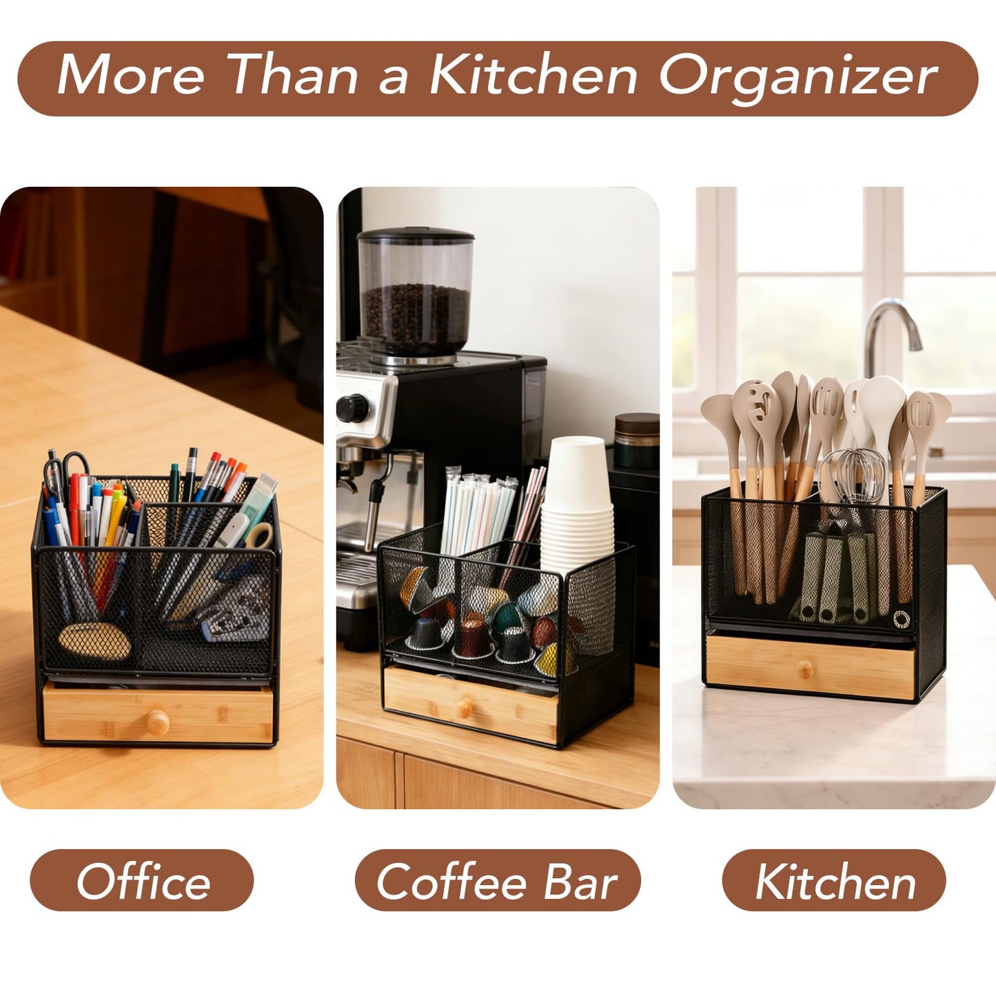 Kitchen Utensil Holder Countertop, Extra Large Utensil Organizer with Drawer, 2-Tier Utensil & Silverware Organizer for Kitchen Counter, Cooking Utensil Cutlery Caddy, Quick Dry Diatomite Base