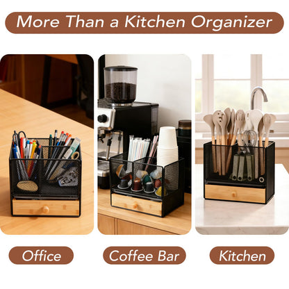 Kitchen Utensil Holder Countertop, Extra Large Utensil Organizer with Drawer, 2-Tier Utensil & Silverware Organizer for Kitchen Counter, Cooking Utensil Cutlery Caddy, Quick Dry Diatomite Base