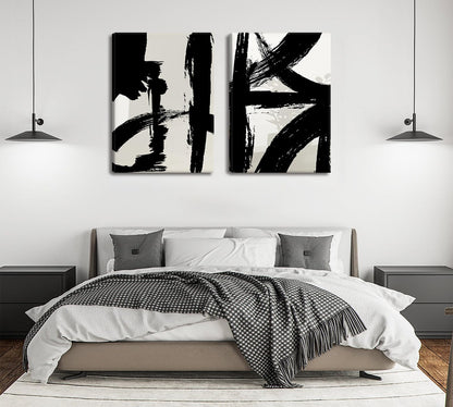 Black and White Brush Stroke Canvas Wall Art Modern Abstract Minimalist Ink Line Painting Picture Mid Century Geometric Prints Poster Retro Graffiti Artwork for Office Home Decor 12x16in
