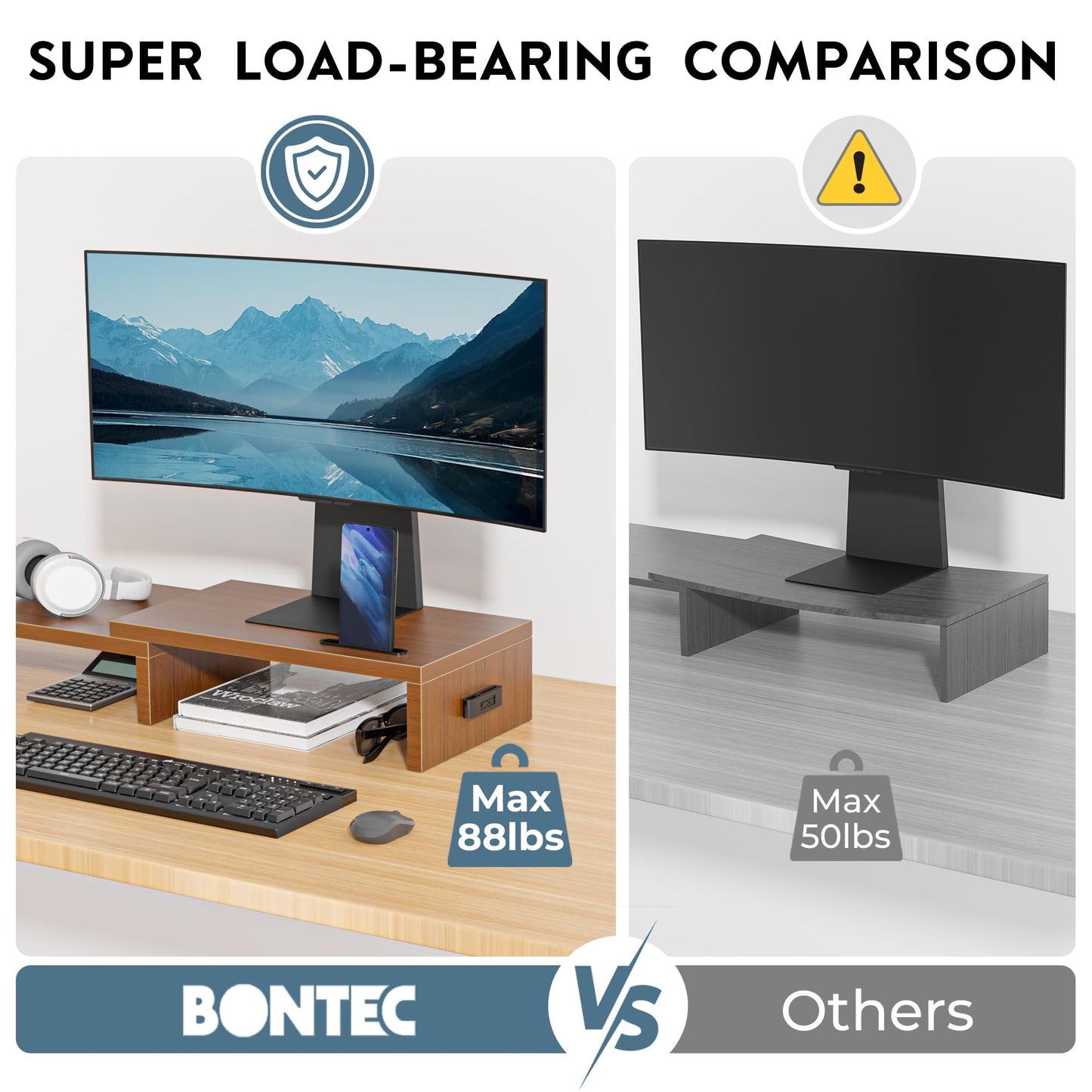 BONTEC Dual Monitor Stand Riser with Smartphone Holder, Adjustable Length & Swivel Angle, Ergonomic Wooden Desktop Organizer for PC Monitor, Laptop, Printer, Large Storage, Walnut