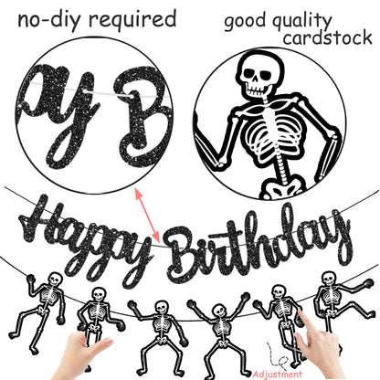 Skeleton Birthday Party Banner Halloween Party Decorations Dancing Skeleton Cutout Banner Glitter Black Skull Party Decoration for Halloween Holiday Celebration Supplies