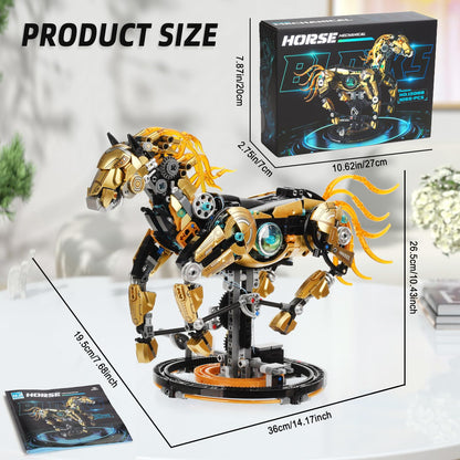 funxinee Mechanical Horse Building Blocks Linkage Kit, Animal World Model with Lighting & Display Stand, STEM Toy DIY Desktop Ornament for Boys Ages 12+, Adult Collectors, Unique Birthday Gift Idea