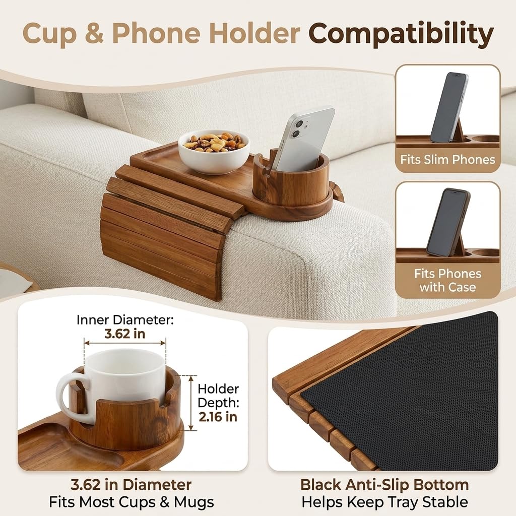 NSS ESSENTIALS Acacia Wood Couch Arm Tray Table with Cup Holder - Flexible Sofa Armrest Tray for Drinks, Snacks & Remote - Natural Wooden Sofa Side Table for Couch, Recliner & Armchair, Natural Wood