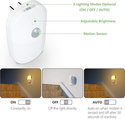 MAZ-TEK Plug in Motion Sensor Dimmable Night Light, Soft Warm White LED Nightlight with Dusk to Dawn Motion Sensor, Adjustable Brightness for Bedroom, Bathroom, Kitchen, Hallway, Stairs,2 Pack