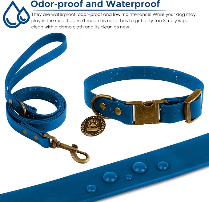 Wisedog Waterproof Dog Collar and Leash Set, XL, Blue | Adjustable Puppy Collar, Cute Tag, 6FT Dog Leash, Poop Bag Included, Small Medium Large Dogs