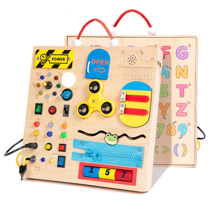 GNAYUIJ Wooden Busy Board Montessori Toy for Toddlers,Educational Learning Toy for 1 2 3 Year Boys & Girls,Sensory Activity Board with LED Light & Music Boxes, Travel Toys for Kids Birthday Gift