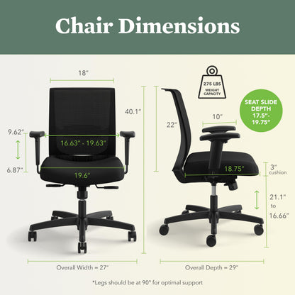HON Convergence Ergonomic Office Chair, Breathable Back Support Mesh, Adjustable Arms, Computer Chair with Lumbar Support, Rolling Swivel Wheels, Comfortable Synchro-Tilt Recline, Fabric, Black