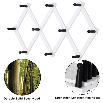 Dseap Accordian Wall Hanger: 16” High Wooden Wall Expandable Coat Rack, Hat Rack Holder, Accordion Hook for Baseball Caps, Coats, Mugs, 10 Peg Hooks, White