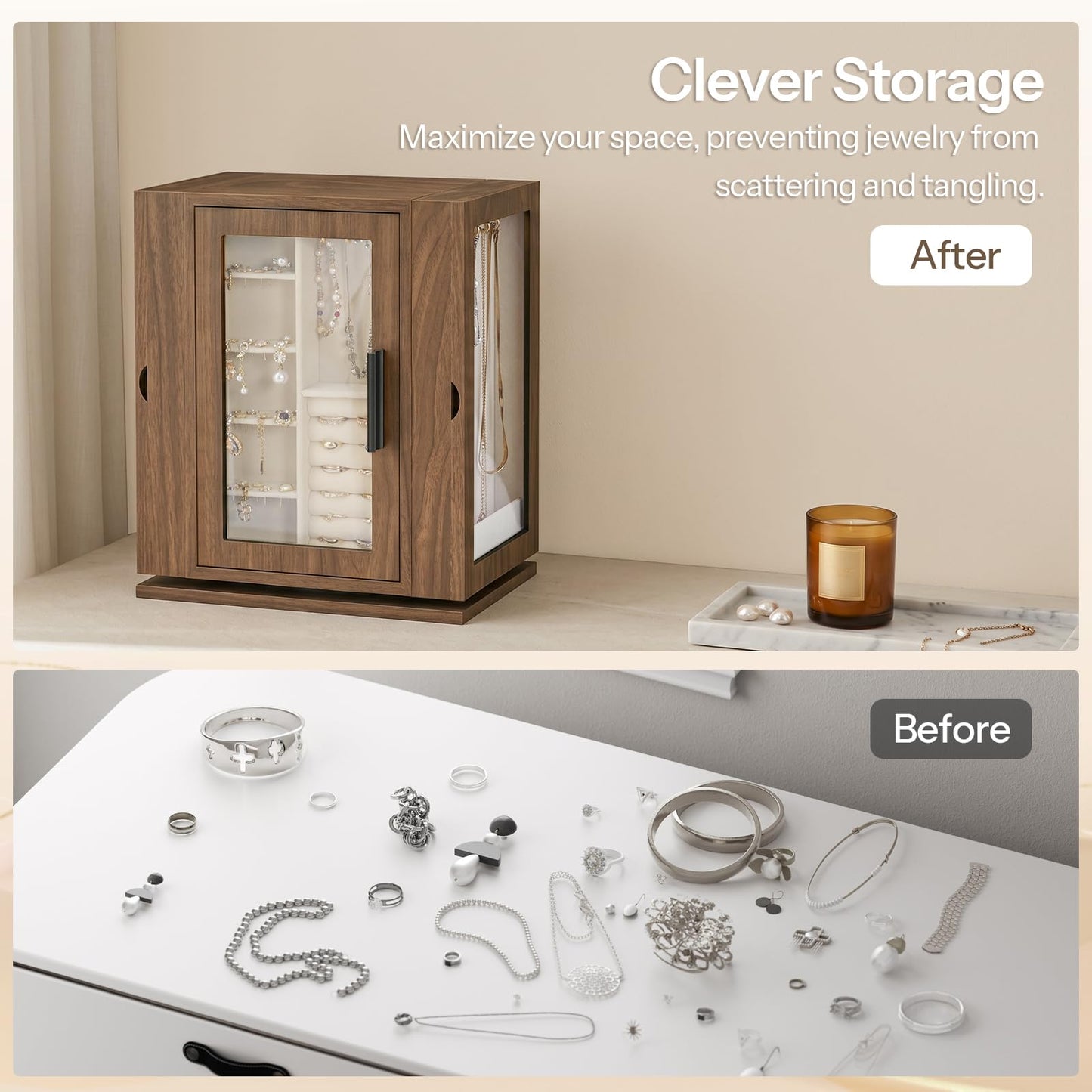 HOOBRO Jewelry Box with Mirror, Travel Jewelry Organizer with Glass Window and 360° Rotating Jewelry Box, Wooden Jewelry Organizer Bundle, WT03JB04G2-BH30JB04