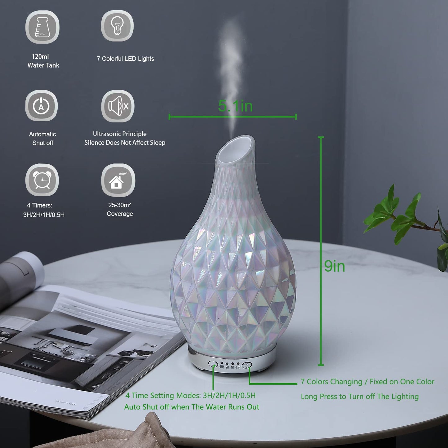 MAXWINER Essential Oil Diffusers Ultrasonic 3D Glass Aromatherapy Diffuser, Auto Shut-Off, Timer Setting, 7 Colors LED Lights Changing for Home, Office, Spa 120ml