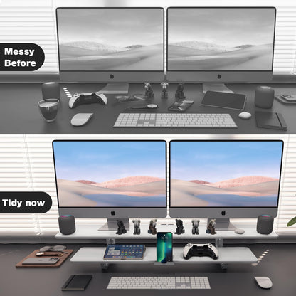 ECO-WILL Dual Monitor Stand, 2-Tier Wood Monitor Riser with Storage Organizer and Cable Management, White