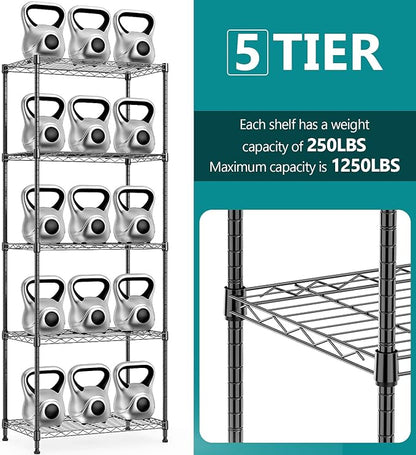 IZEUK 5-Tier Black Metal Storage Shelves, Adjustable Wire Shelving Unit for Kitchen, Bathroom, Pantry, Office, Garage, Organizer Wire Rack, 1250 lbs, 13.7" D x 23.6" W x 63" H