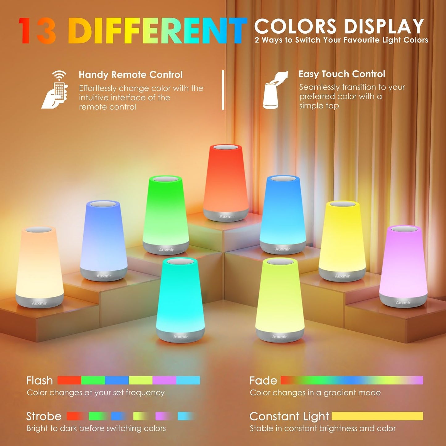 Auxmir LED Night Light Bedside Lamp Touch and Remote Control Dimmable Tabletop 13 RGB Colors Changing 5 Brightness Adjustable Rechargeable Portable Lamp for Baby Kids Nursery Bedroom Bathroom Camping