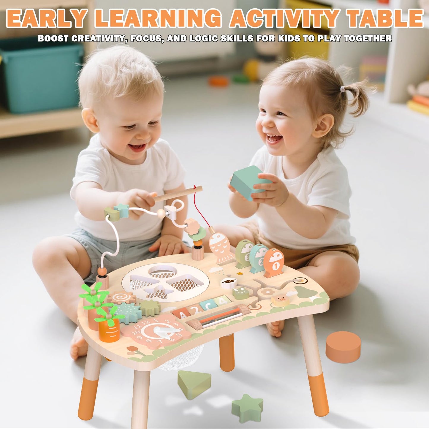 Weilim Activity Table for 1 Year Old, 9-in-1 Wooden Montessori Toddler Toy