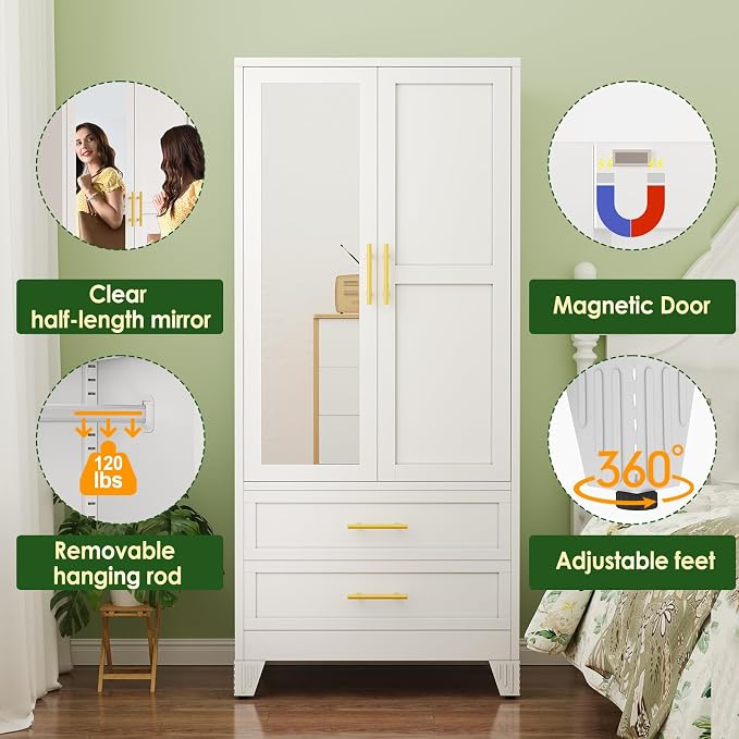 winiowa Metal Armoire Wardrobe Closet with 2 Drawers, 71" Wardrobe Cabinet with Adjustable Shelves and Hanging Rod, Clothing Storage Cabinet Closet with Mirror for Bedroom-White