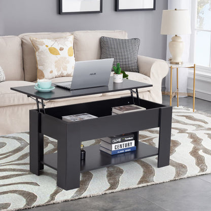 FDW 39.4" Lift Top Coffee Table with Hidden Compartment and Storage Shelf Wooden Lift Tabletop for Home Living Room Reception Room Office (Black)