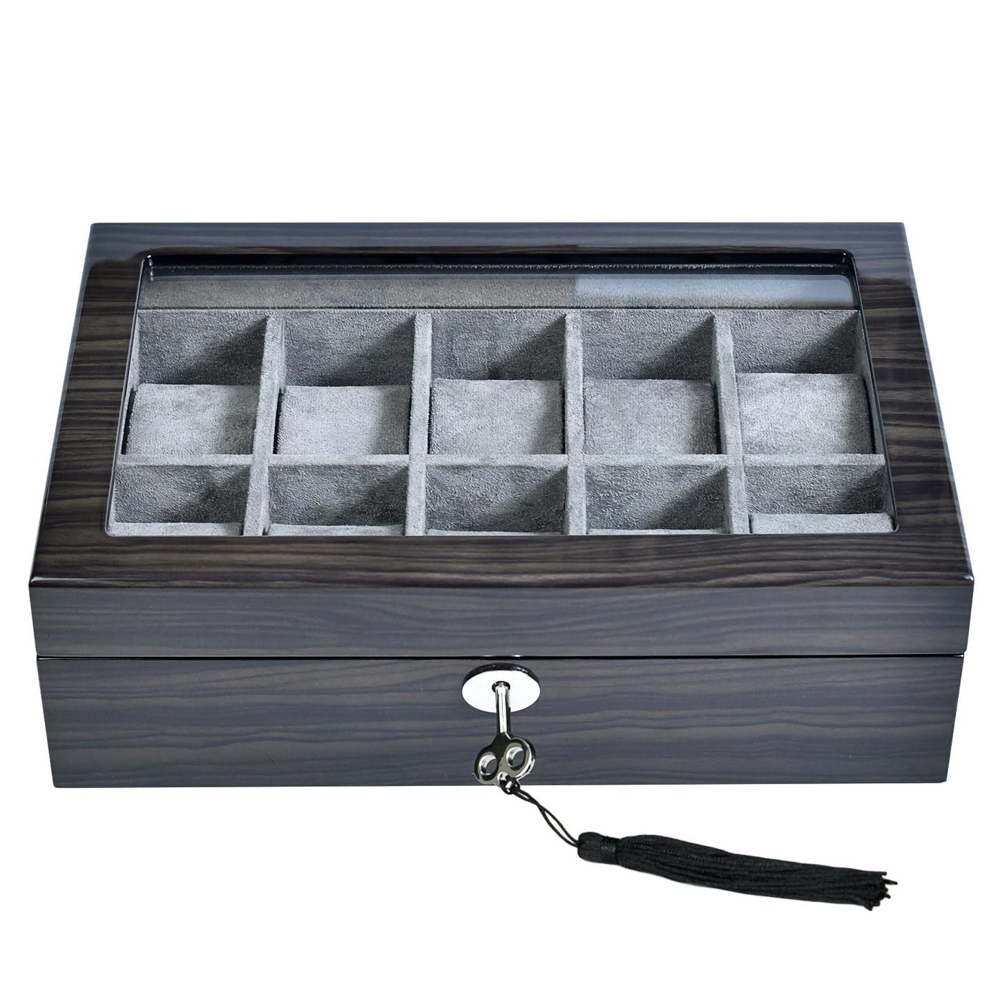 Watch Box for Men 10 Watches Storage box&Organizer Smart Watch Display Case - Ebony Wood with Soft Velvet Interior-Large Glass Window-Gift for Women and Man (10W-GYG)