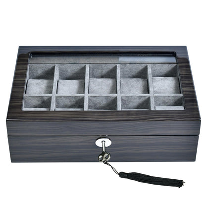 Watch Box for Men 10 Watches Storage box&Organizer Smart Watch Display Case - Ebony Wood with Soft Velvet Interior-Large Glass Window-Gift for Women and Man (10W-GYG)