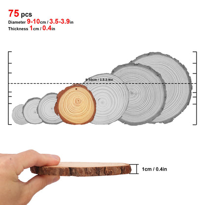 Geytetqi 76 PCS Small Wood Slices with Hole for Crafts, 3.5 Inch - 4 Inch Mini Wood Slices for Christmas Ornaments Rustic Wedding Decoration DIY Crafts, and More(Include 2 Rope)