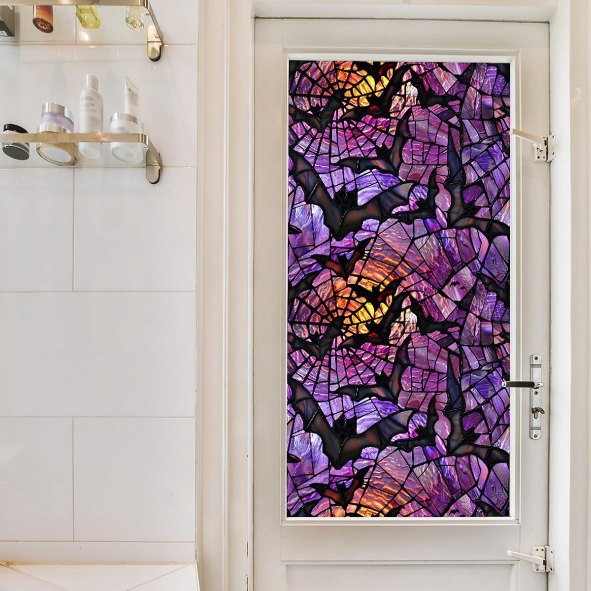Halloween Window Stickers Privacy Film Static Window Sticker Decal Halloween Bat Window Decals Film Purple Stained Glass Clings Windows Art for Home School Office Glass Decoration