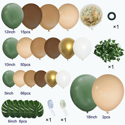 iLaFm 142PCS Sage Green Brown Balloon Garland Kit Jungle Safari Wild Woodland Balloon Arch Olive Green Gold Coffee Cocoa Balloons for Wedding Birthday Shower Party Decorations