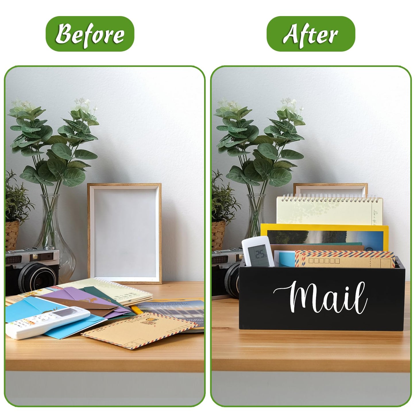 DRASTAR Mail Organizer Countertop, Wooden Mail Holder with 3 Slots, Desktop Mail Organizer, Black Mail Sorter for Home Office Accessories