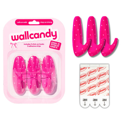 WallCandy Adhesive Wall Hanging Hooks | Pack of 3 Pink Polka Dot Wall Hooks with Heavy Duty Sticky Strips that Hold Up to 3lbs, Easy to Install Hanging Hook for Painted Walls & Kitchen