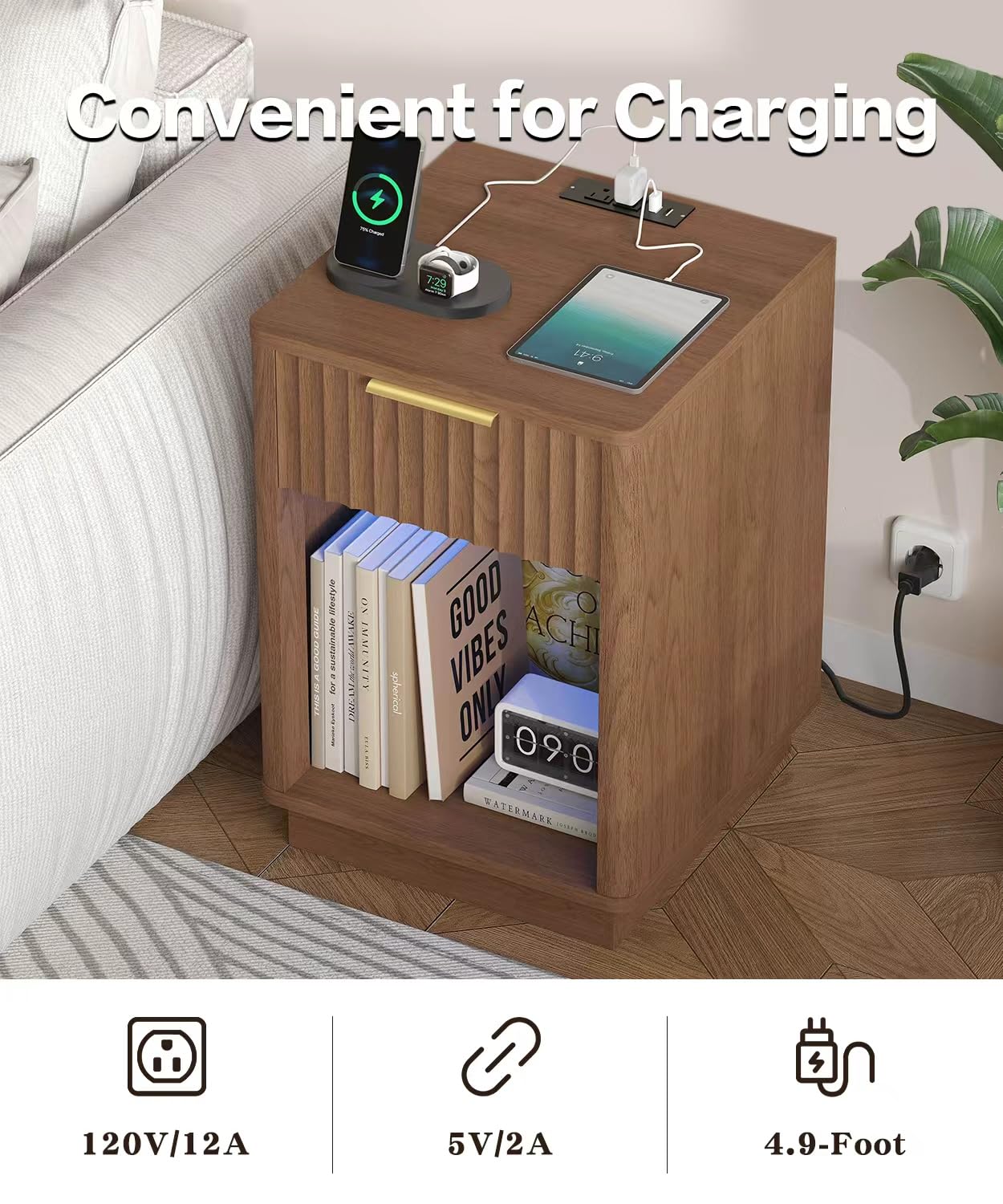 Akxomel Fluted Nightstands Set of 2, Wooden Night Stand with Charging Station and LED Light, Modern Mid Century End Table with Drawer, 15" D x 15.7" W x 22.6" H, for Bedroom, Walnut