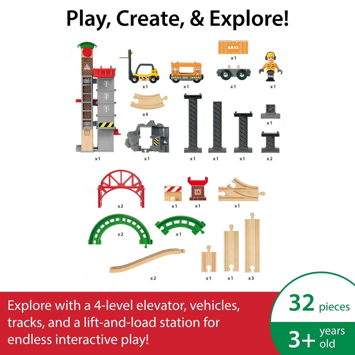 BRIO World Lift & Load Warehouse Set - 32-Piece Wood Train Set - Works with All Wooden Railway Sets - Includes 4-Level Elevator, Vehicles, Tracks & Full Station - MESH Accredited for Ages 3+