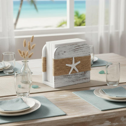 Fiwochic Natural Wooden Napkin Holder, Farmhouse Napkin Holders Upright Wooden Tissue Dispenser for Kitchen Dining Room Table Decor Indoor & Outdoor Use (Beach Style,White)