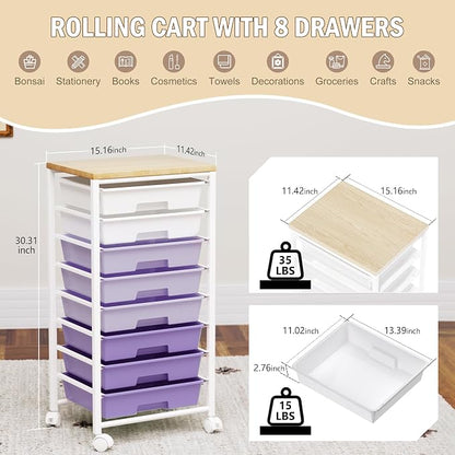 Rolling Cart with 8 Drawers, Storage Drawers Cart with Wooden Tabletop and Lockable Wheels, Craft Storage for Living Room, Office, Classroom, Craft Room, Bedroom (Purple)