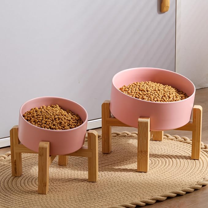 Pink Elevated/Raised 15°Tilted Anti Slip Ceramic Dog Bowl for Medium & Large Breeds,Slanted Bulldog Big Face Pet Feeding Food Water Dish Stand for Dogs (7.6 Cups/60OZ)