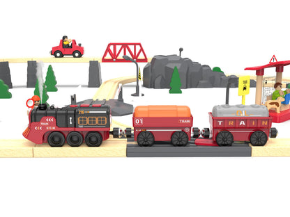 Toy Train Electric Train Set for Wooden Tracks, Christmas Motorized Train Toys for Toddlers, Battery Operated Train Includes Lights, Sounds, Smoke, Steam Train Compatible with Thomas, Brio