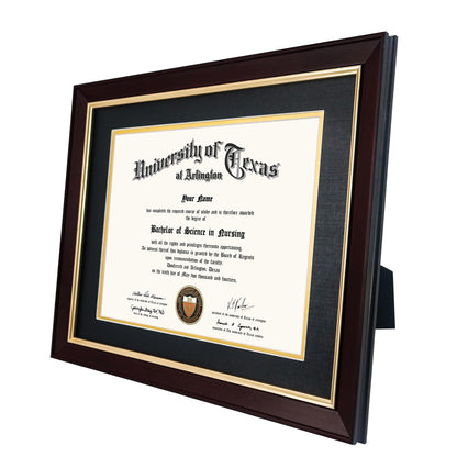 GMFrames 8.5x11 Wood Diploma Frame with Black Mat or Display 11x14 Certificates without Mat,Tempered Glass,Deep Brown Finish with Gold Trim