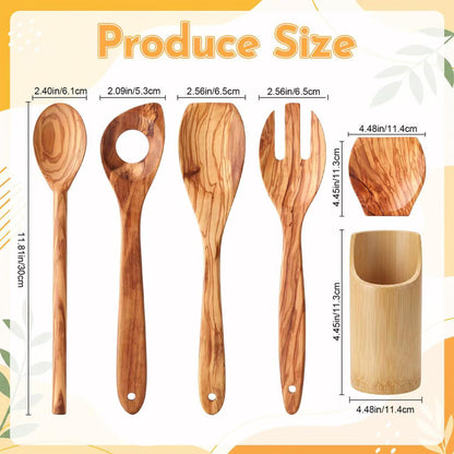 6 Pcs 12in Olive Wood Cooking Utensils Set Wooden Kitchen Utensil with Olive Spoons Spatulas Spoon Holder and Storage Container for Cooking Baking Meal Birthday Anniversary Housewarming Gifts