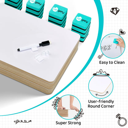 UPGREY Dry Erase Boards, Small Whiteboard 20 Pack 9"X12" Double-Sided Mini Whiteboards for Kids Lapboards with 24 Pens+24 Erasers+24 Pen Clips for Students, Teachers, Class, Office