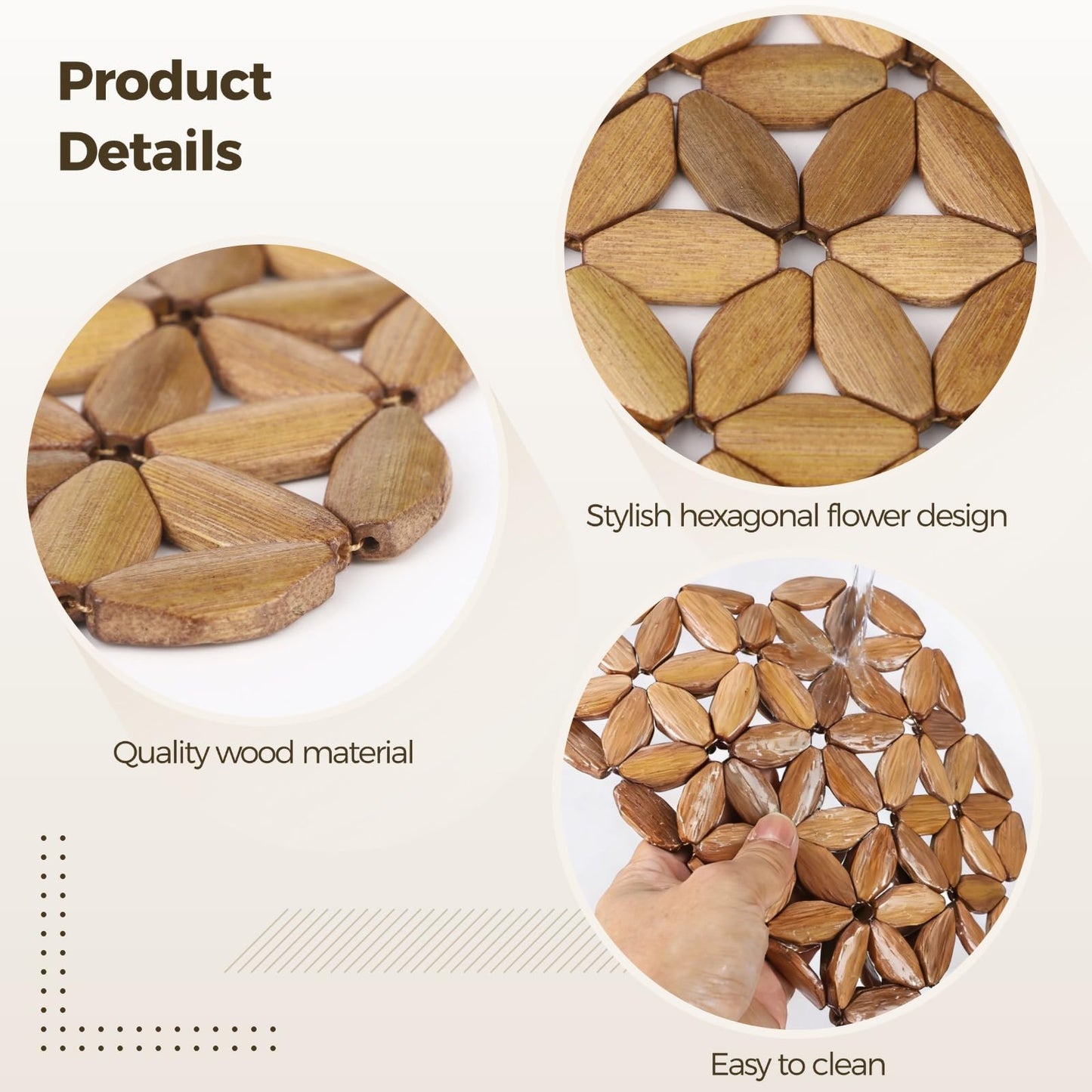8 Pcs Bamboo Trivet Mat, 9.45 in Heat Resistant Table Protector Mats, Hexagonal Flower Design Hot Pads for Hot Dishes, Tea Coffee Pot, Plates, Pans and Bowls, Dining Kitchen Use