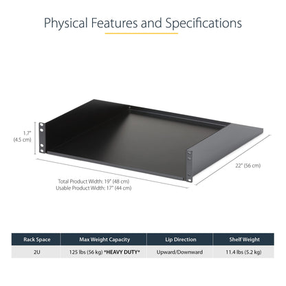 StarTech.com 2U Server Rack Shelf - Universal Rack Mount Cantilever Shelf for 19" Network Equipment Rack & Cabinet - Heavy Duty Steel – Weight Capacity 125lb/56kg - 18" Deep Tray, Black (CABSHELFHD)