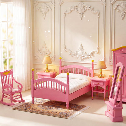 Skylety 7 Pcs Wooden Dollhouse Furniture Set 1: 12 Scale Victorian Dollhouse Bedroom Furniture, Bed Dressing Table Wardrobe Carpet for Adults Toys Miniature Doll House Accessories(Pink,Bright)