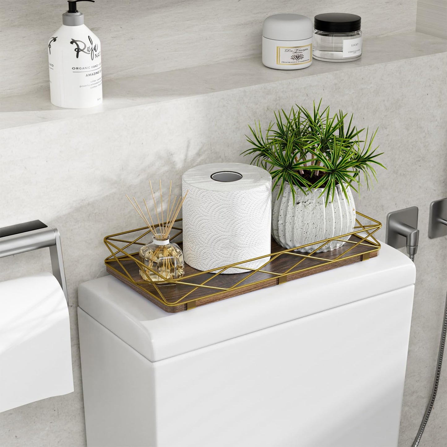 Lixple Toilet Paper Basket Holder, 13" Toilet Tank Tray, Wood and Metal Toilet Tray Vanity Organizer Bathroom Tray, Kitchen Sink Organizer for Soap Dispenser (Brown+Gold)
