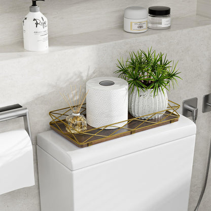 Lixple Toilet Paper Basket Holder, 13" Toilet Tank Tray, Wood and Metal Toilet Tray Vanity Organizer Bathroom Tray, Kitchen Sink Organizer for Soap Dispenser (Brown+Gold)
