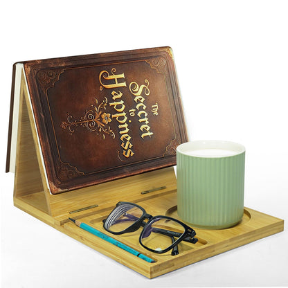 ZenRich Bamboo Wooden Book Stand Holder - Unique Book Nook Reading Valet with Cup, Glasses & Pen/Tablet/Kindle Holder. Foldable Bookmark - Ideal for Lovers