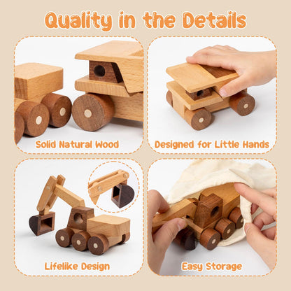kienvy Wooden Toy Cars for 3 Year Old Boys & Girls - Construction Vehicles Set Push Toys for Toddlers, Wood Montessori Car with Rolling Wheels, Natural Wood Toys (Excavator & Dump Truck)