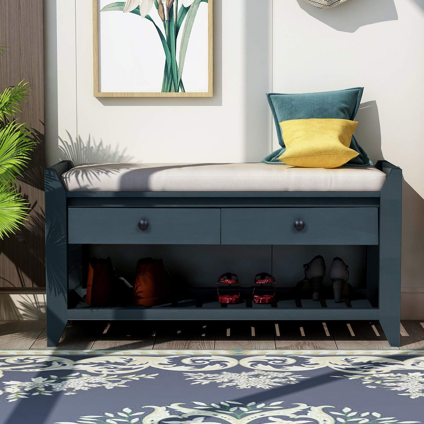 SPOFLYINN Shoe Bench, Entryway Storage Benches with Cushion Seating and Storage Drawers, Multipurpose Wooden Shoe Bench with Bottom Shelf for Entryway Hallway Living Room Bedroom Antique Navy