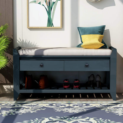 SPOFLYINN Shoe Bench, Entryway Storage Benches with Cushion Seating and Storage Drawers, Multipurpose Wooden Shoe Bench with Bottom Shelf for Entryway Hallway Living Room Bedroom Antique Navy
