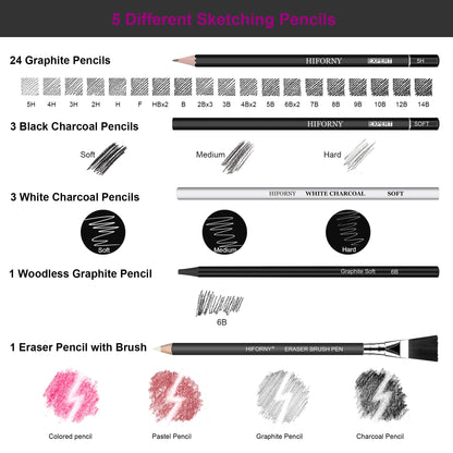 HIFORNY 100 PCS Drawing Set Sketching Kit,Sketch Pencils Art Supplies with Graphite,Charcoal,Blending Tools & Accessories,Portable Zippered Travel Case for Artists & Beginners