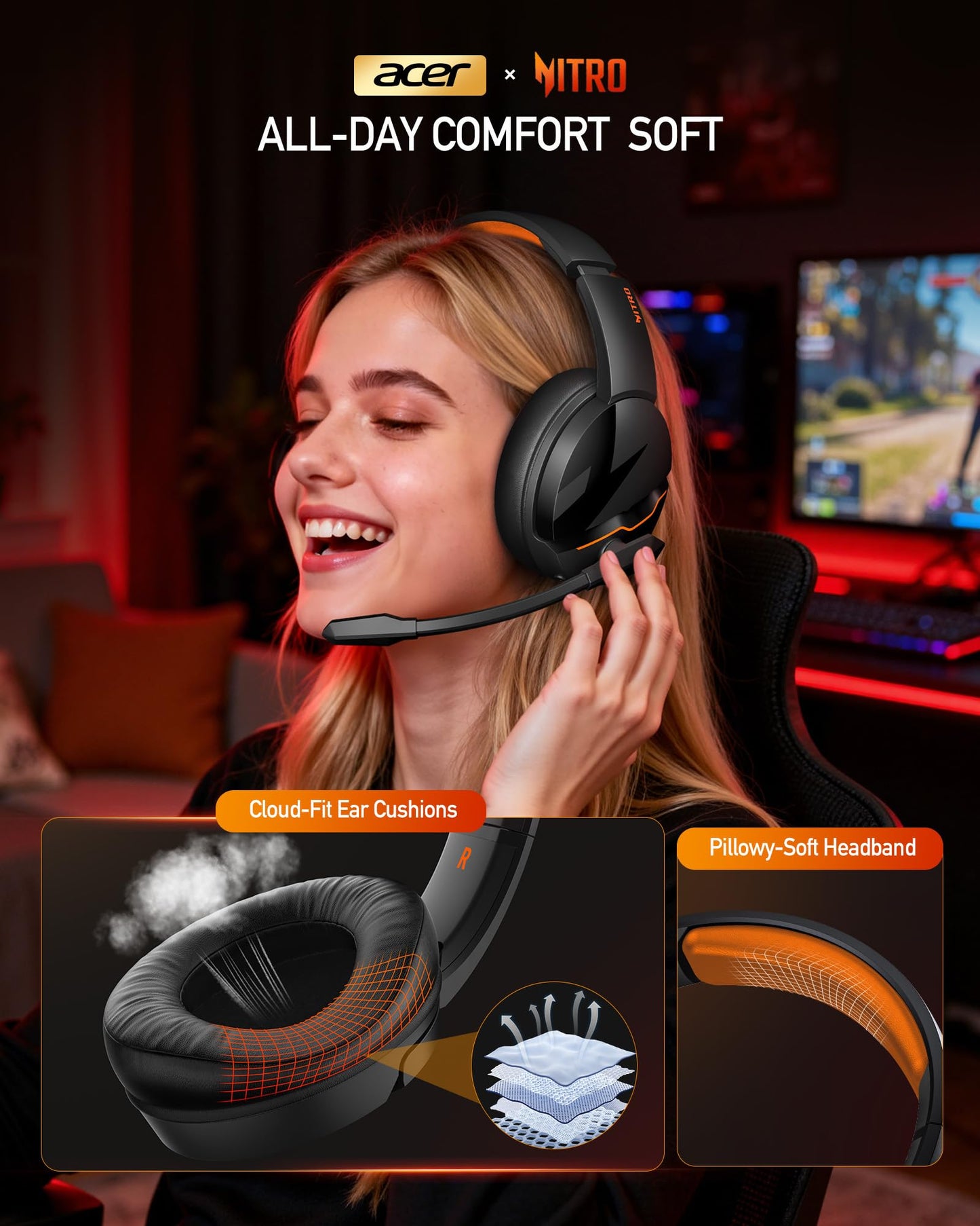 acer Wireless Gaming Headset, PS5 Headset with 2.4GHz for Ps5, Ps4, PC, Switch, Bluetooth 5.3 + 100Hrs Gaming Headphones with Noise Canceling Mic for Laptop, Mobile, Mac, 50mm Drivers (Orange)